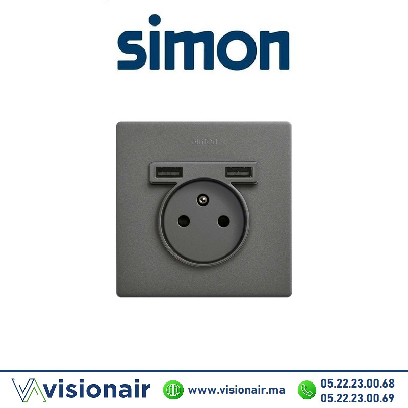 Kite monobloc Simon270 1 prise + 2USB Titane 27193610-096 Casablanca Maroc