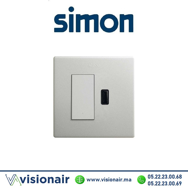 Kite monobloc Simon270 2P+T va-et-vient + prise USB aluminium 27191610-093 Casablanca Maroc