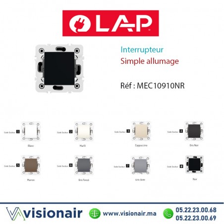 Interrupteur Simple allumage NOIR LAP Millenium 10910NR Casablanca Maroc