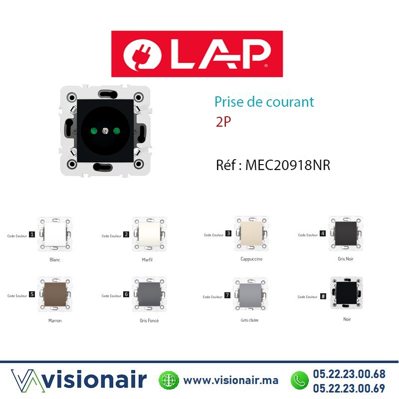 Prise de courant 2P Noir LAP Millenium 20918NR Casablanca Maroc