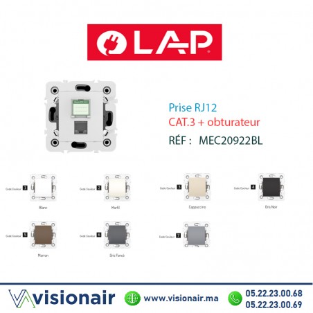 Prise RJ12 CAT3 + obturateur blanc LAP MILLENIUM 20922BL Casablanca Maroc