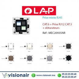 Prise mixte RJ45 CAT.6+Prise RJ12 CAT.3 obturateurs Noir LAP Millenium 20935NR Casablanca Maroc